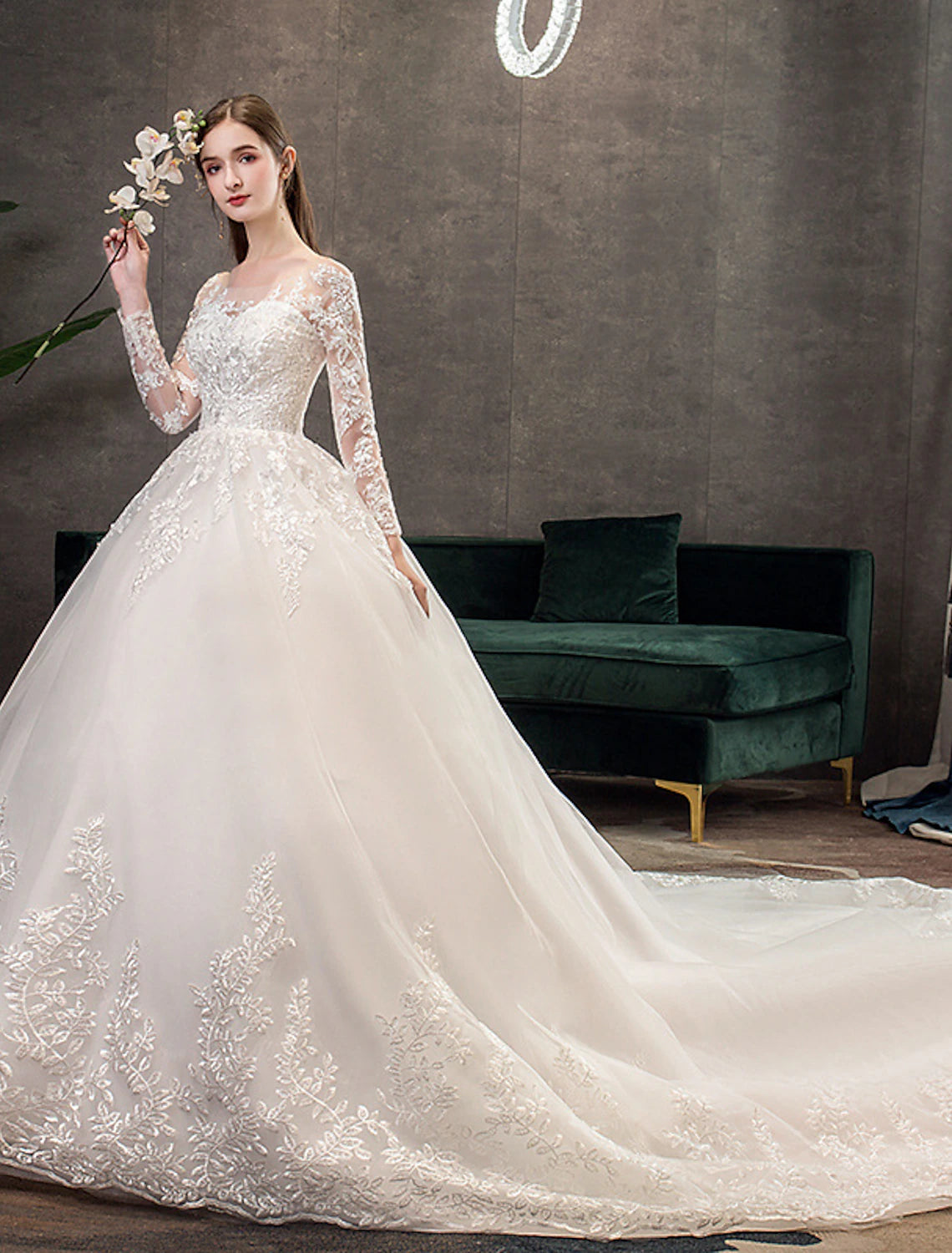 Buyishang Engagement Formal Wedding Dresses Ball Gown Illusion Neck Long Sleeve Cathedral Train Lace Bridal Gowns With Pleats Appliques Fall Wedding
